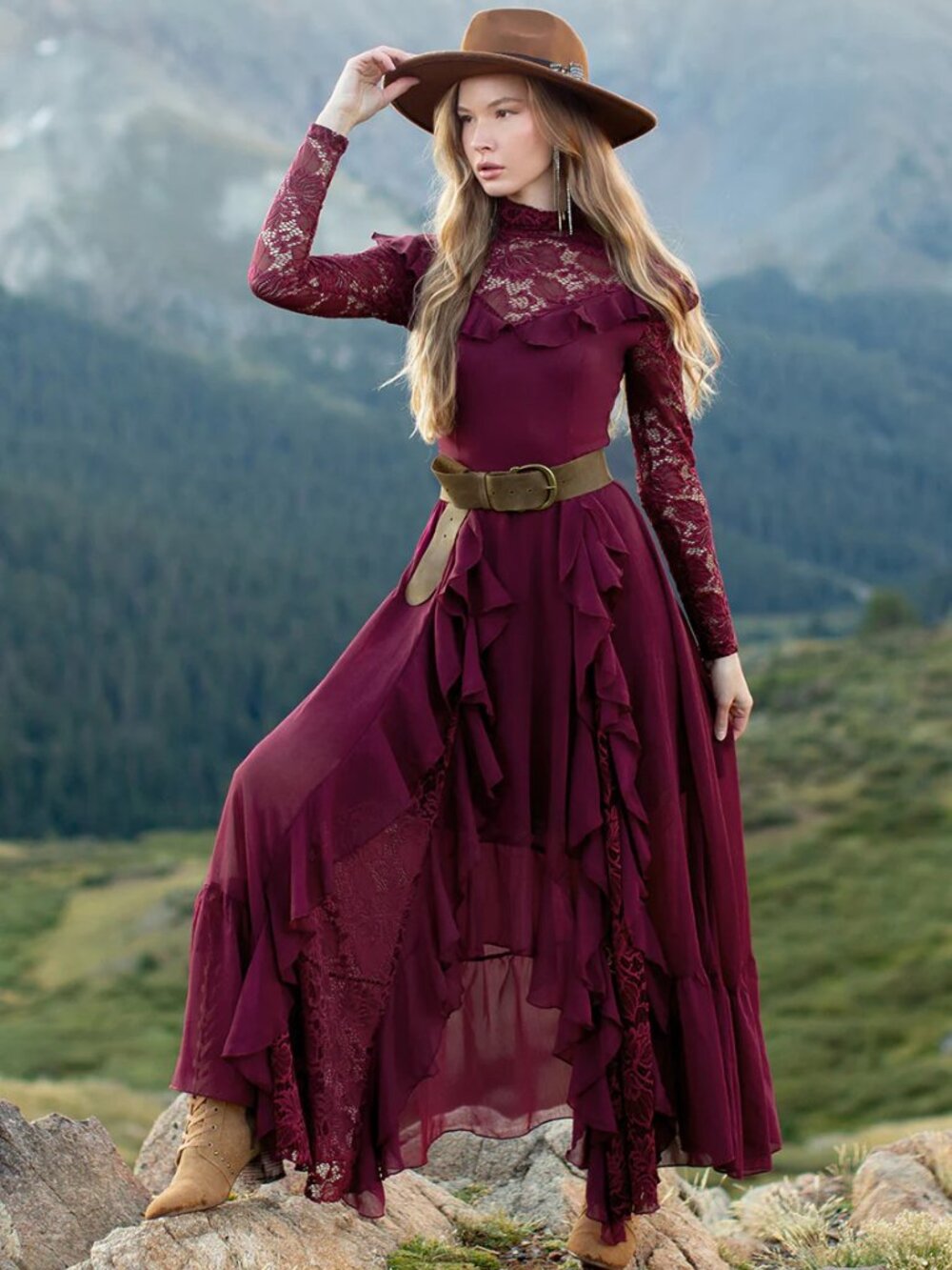 Goth Ruffle Lace Boho Witchy Sveta Dress in Oxblood